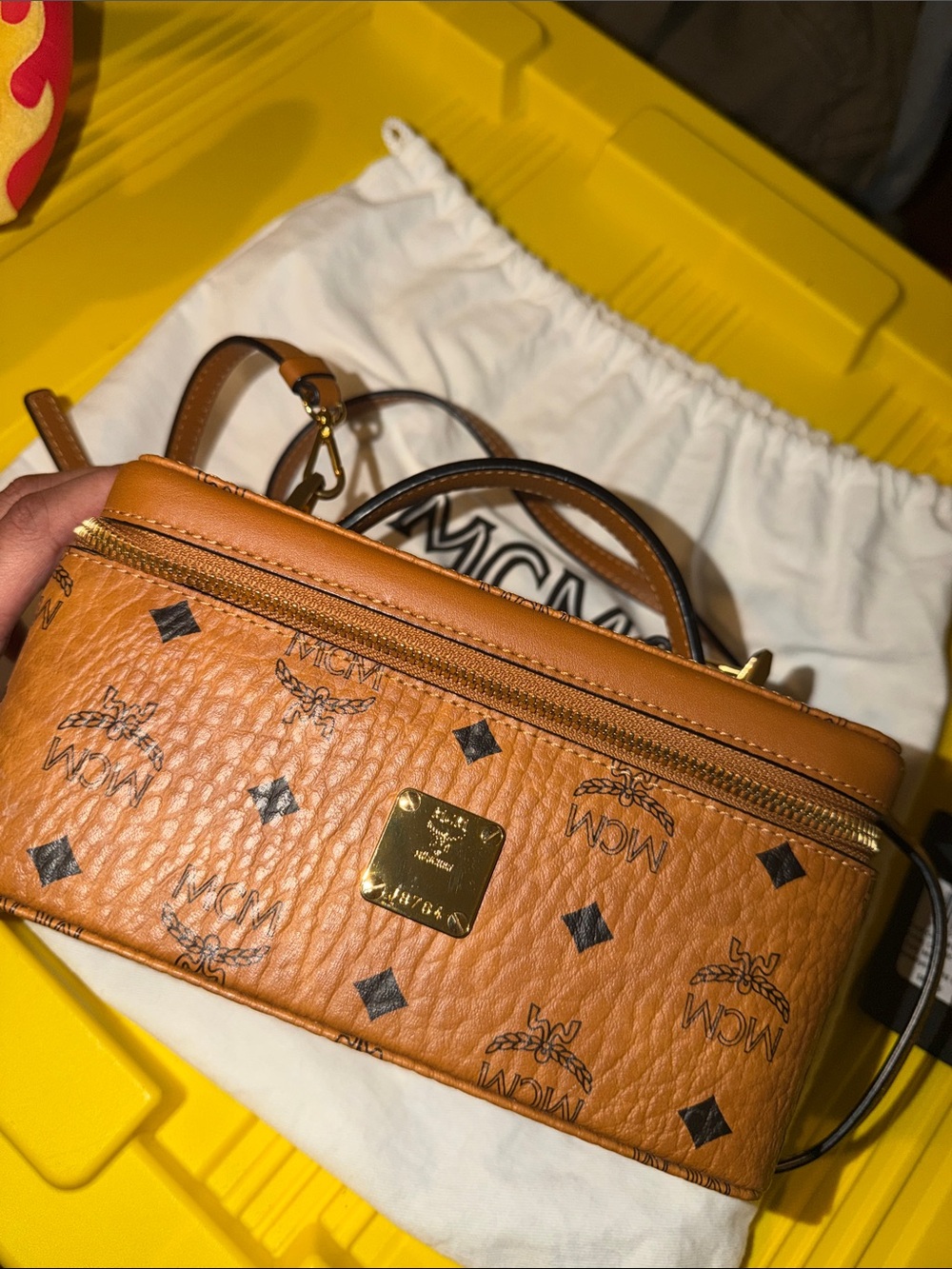 MCM Cognac Visetos Leather Crossbody with Gold Plaque
